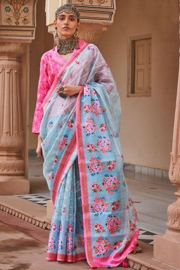 Sky Blue Linen Kora Floral Print Saree