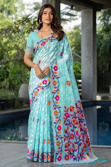 Sky Blue Floral Print Soft Cotton Saree for Party