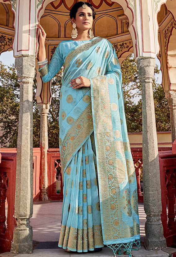 Sky Blue Foil Print Linen Saree for Party