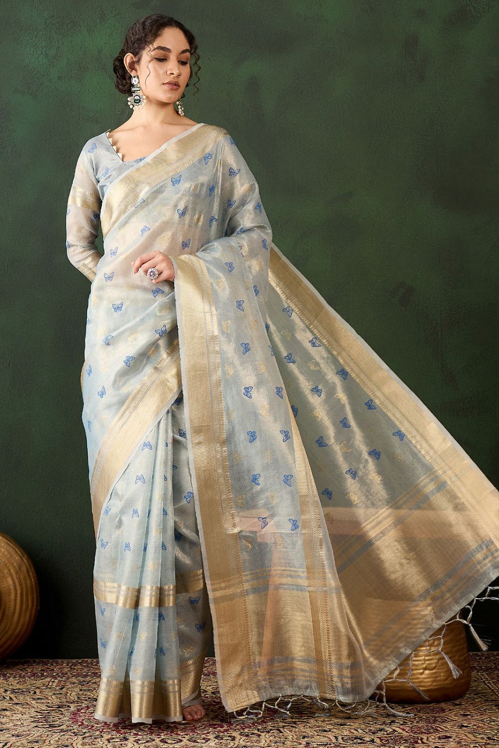 Sky Blue Organza Woven Party Wear Saree