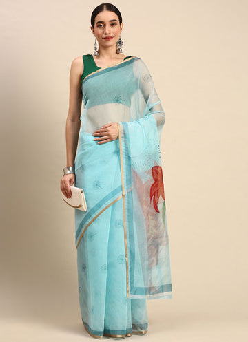 Sky Blue Organza Saree for Party