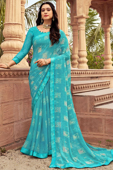 Sky Blue Printed Casual Wear Saree