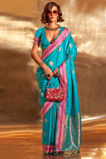 Sky Blue Pure Satin Chaap Handloom Silk Saree for Party