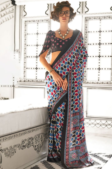 Sky Blue Satin Crepe Digital Printed Casual Wear Saree