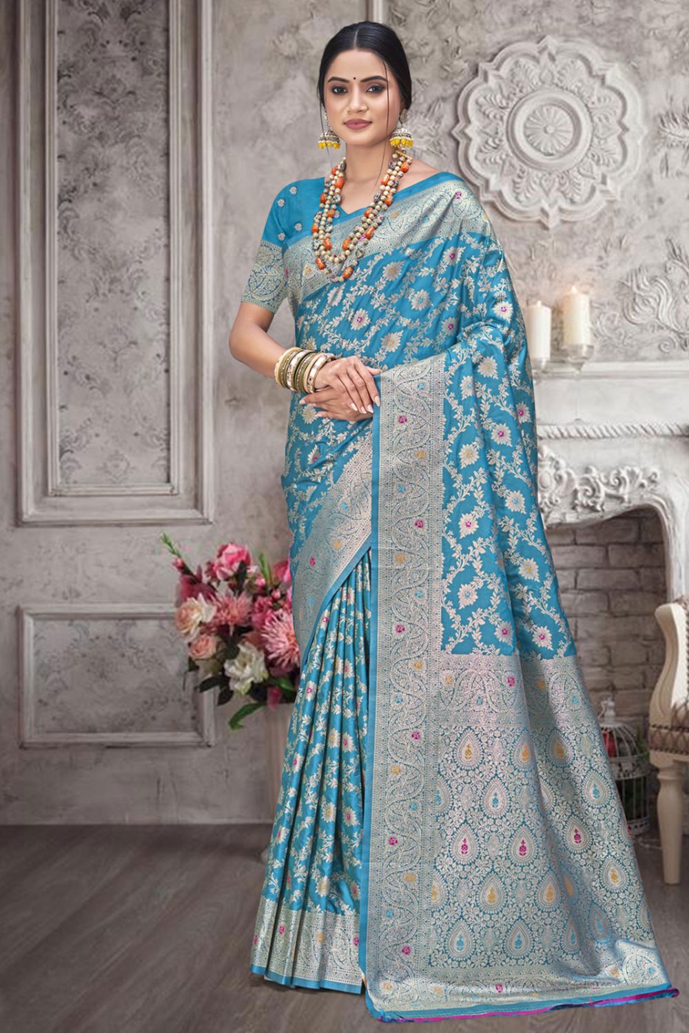 Sky Blue Silk Woven Work Saree