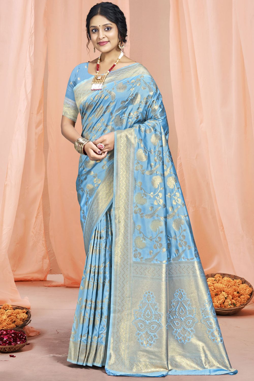 Sky Blue Silk Woven Work Saree