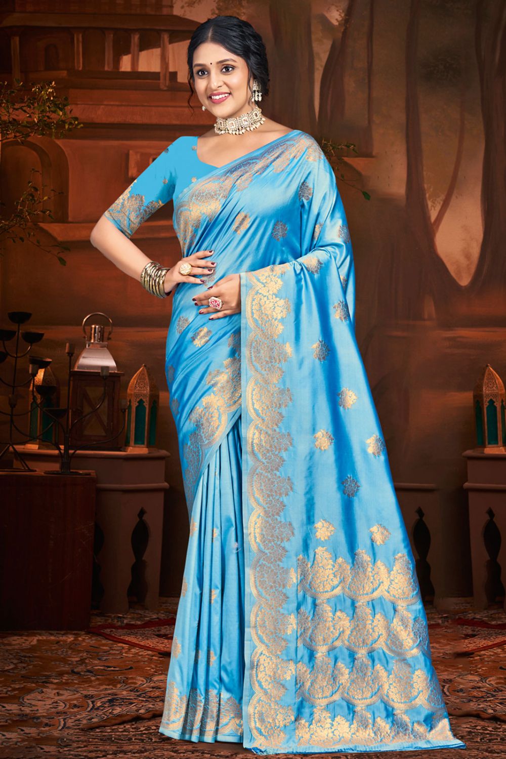 Sky Blue Silk Woven Work Saree