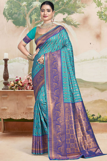 Sky Blue Zari Weaving Silk Saree