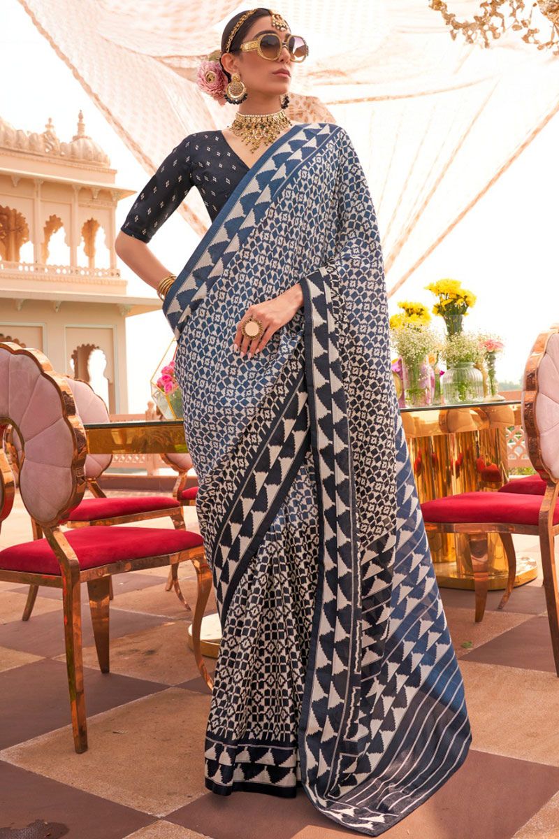 Slate Blue and Midnight Blue Mercerized Silk Saree with Patola Print