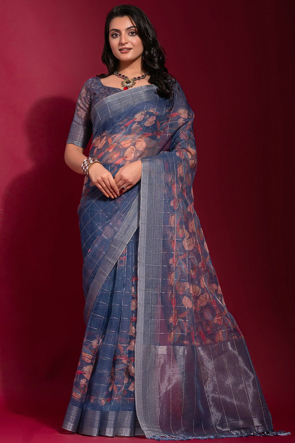 Slate Blue Zari Checks Linen Silk Party Wear Saree