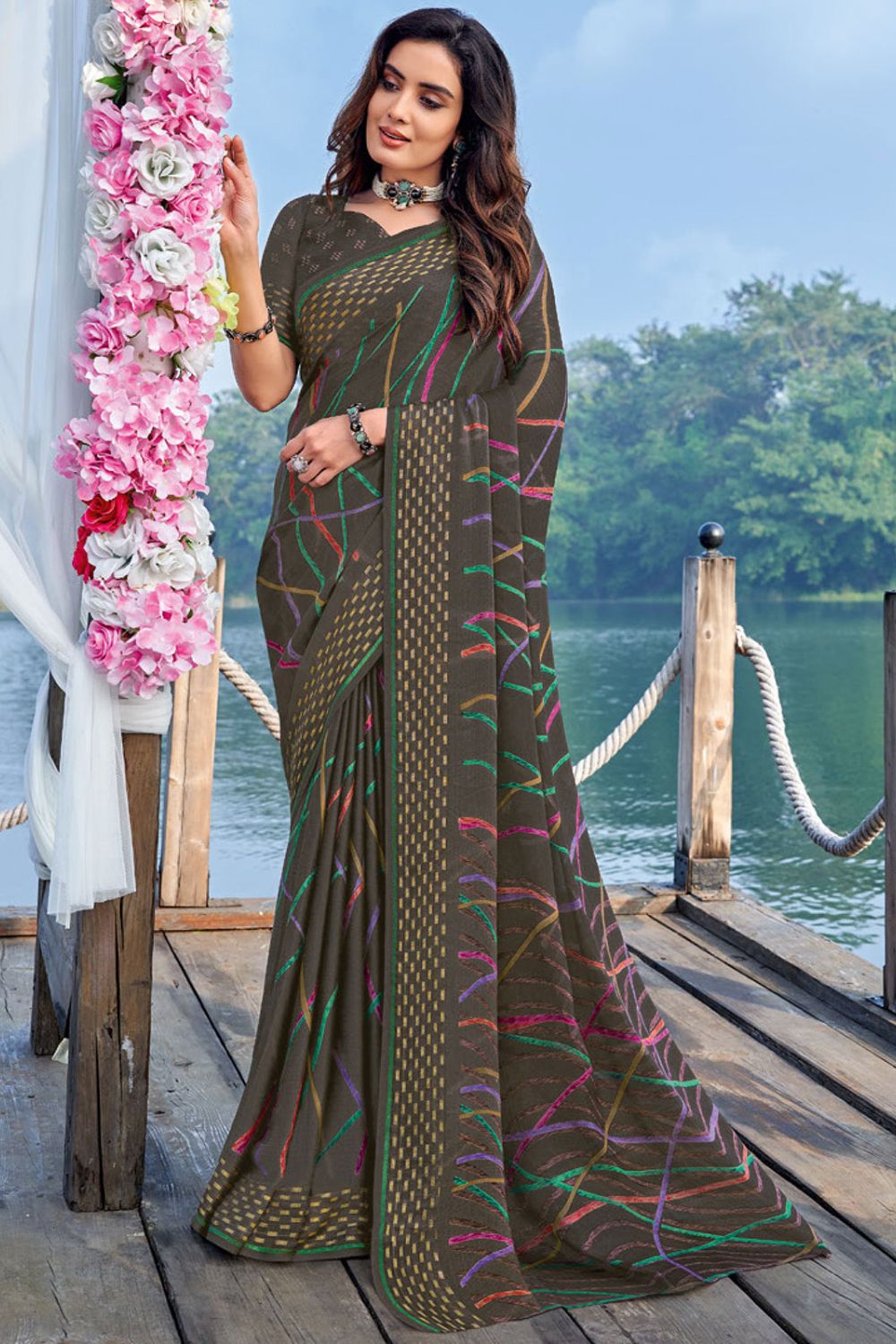 Slate Grey Printed Casual Wear Chiffon Saree