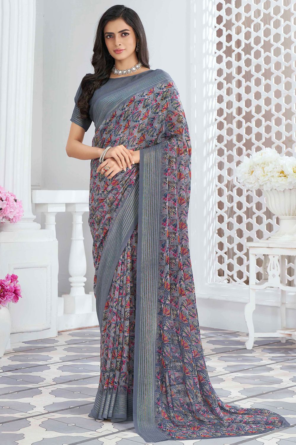 Slate Grey Georgette Saree with Digital Print