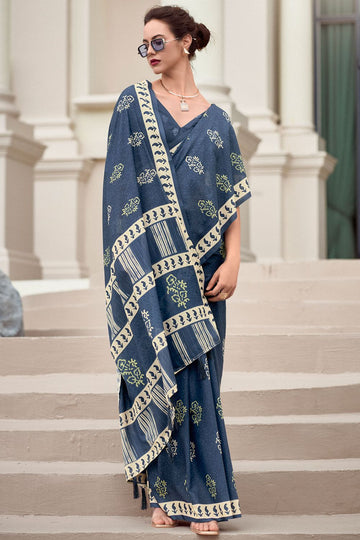 Slate Grey Pure Mal Mal Silk Printed Saree