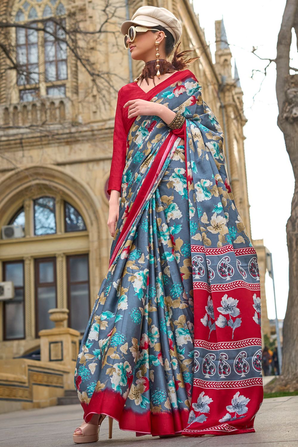 Slate Grey Digital Print Satin Crepe Saree for Party