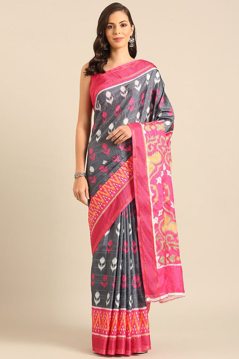 Slate Grey Patola Print Cotton Saree