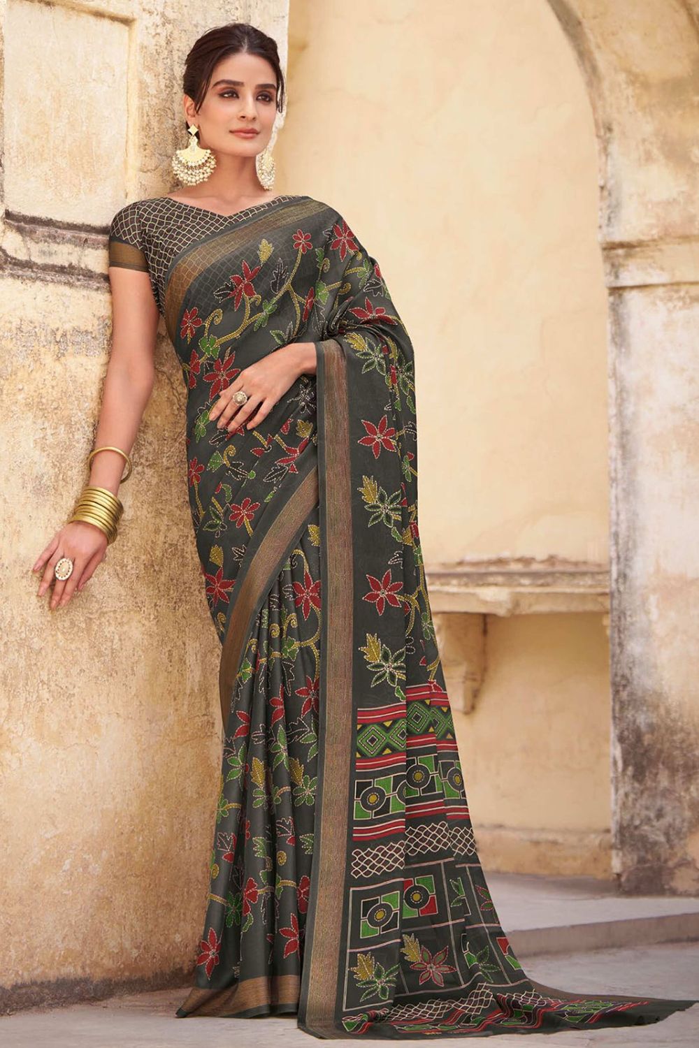 Slate Grey Printed Crepe Satin Saree for Festival