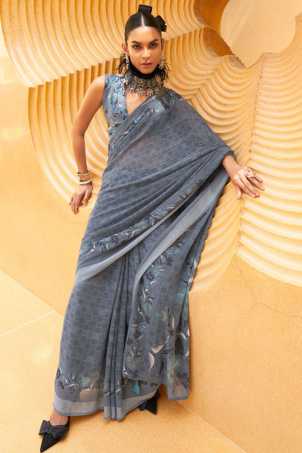 Slate Grey Georgette Printed Saree