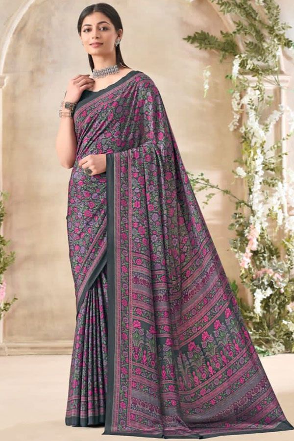 Slate Grey Printed Silk Crepe Saree for Party