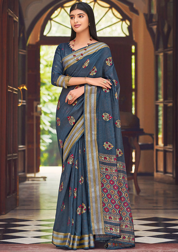 Slate Grey Chanderi Printed Saree for Festival