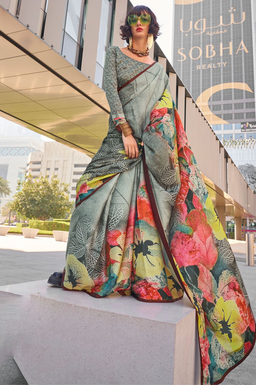 Slate Grey Digital Printed Satin Saree