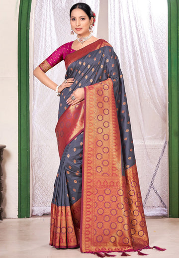 Slate Grey Weaving Work Banarasi Silk Saree