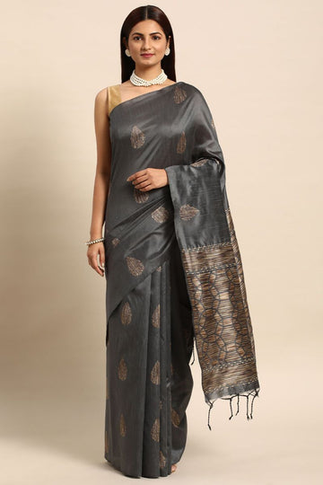 Slate Grey Handloom Weaving Raw Silk Saree