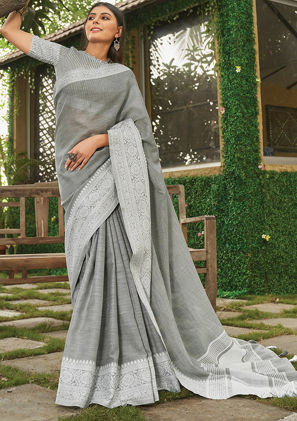 Smoke Grey Chikankari Printed Linen Saree for Party