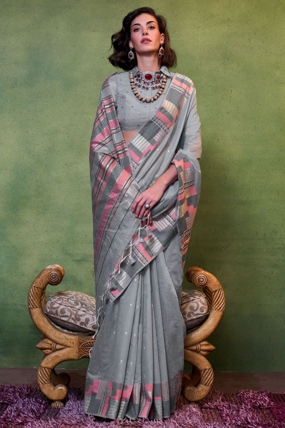 Smoke Grey Hand Woven Mal Spun Cotton Saree for Party