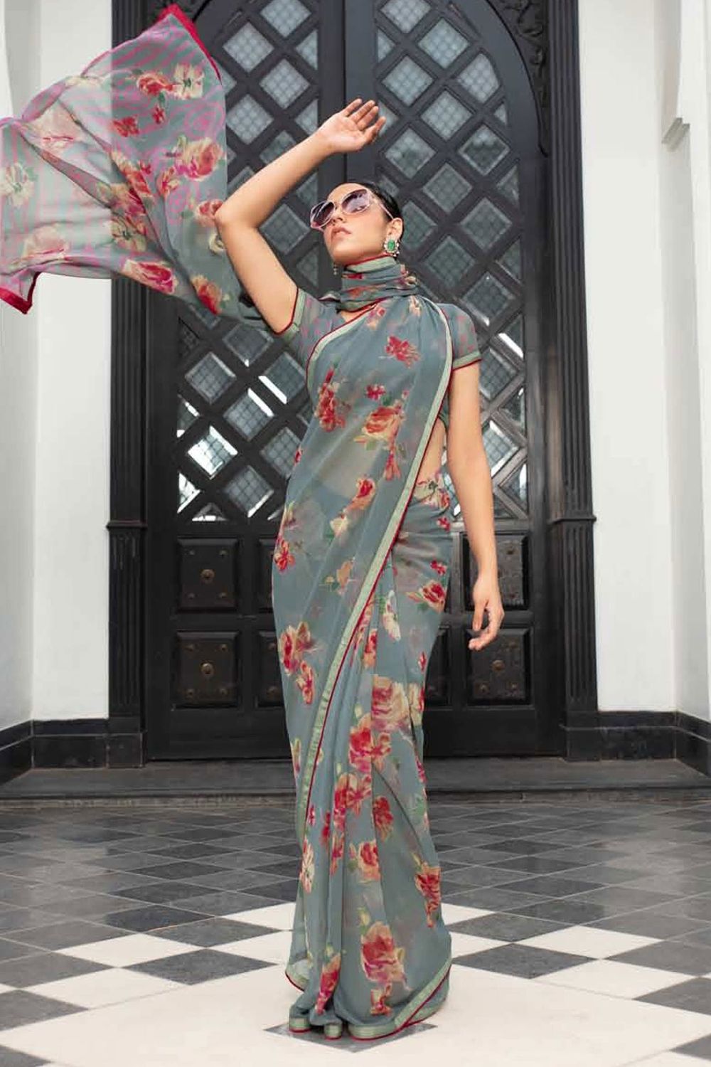 Smoke Grey Printed Georgette Casual Wear Saree