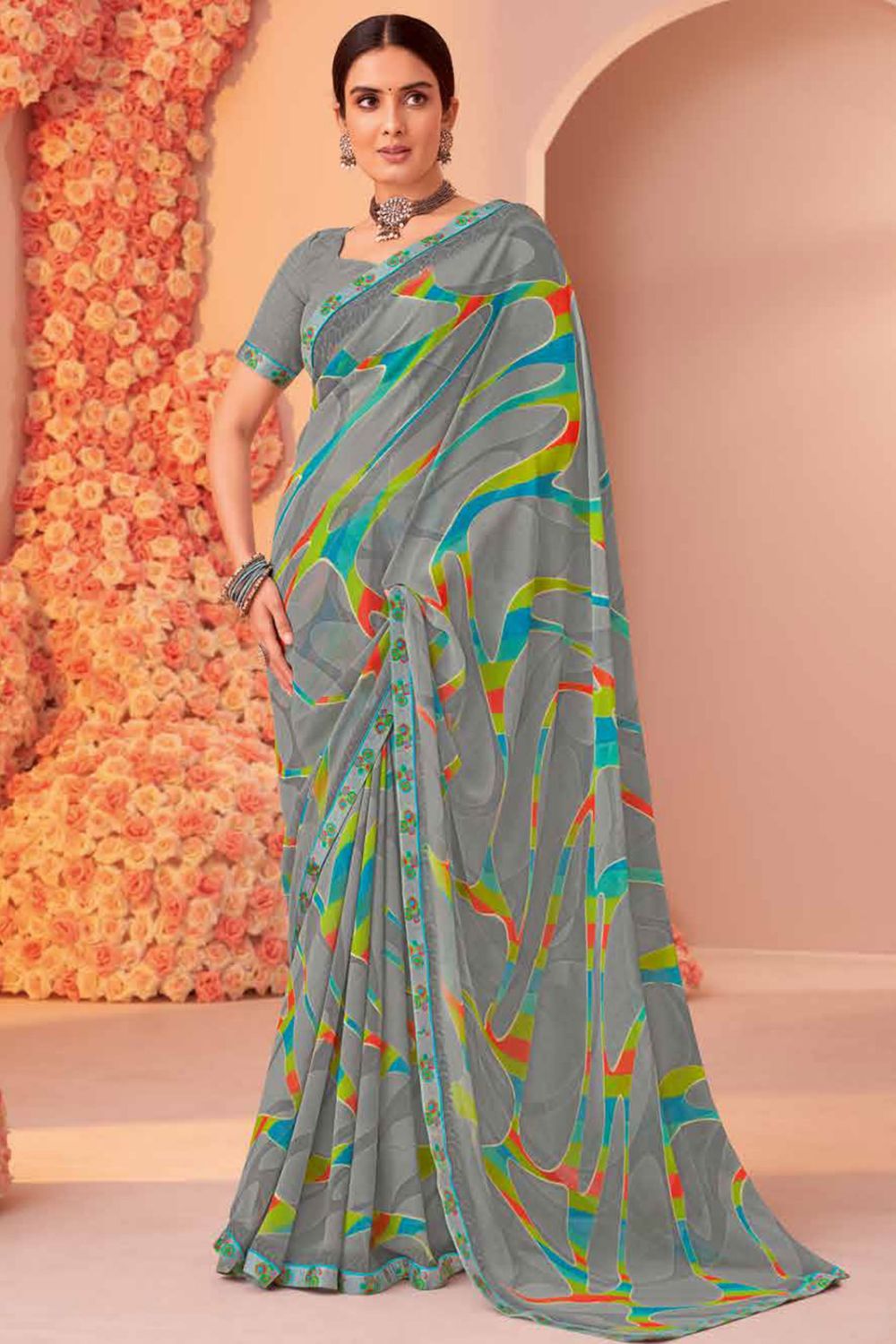 Smoke Grey Printed Georgette Casual Wear Saree