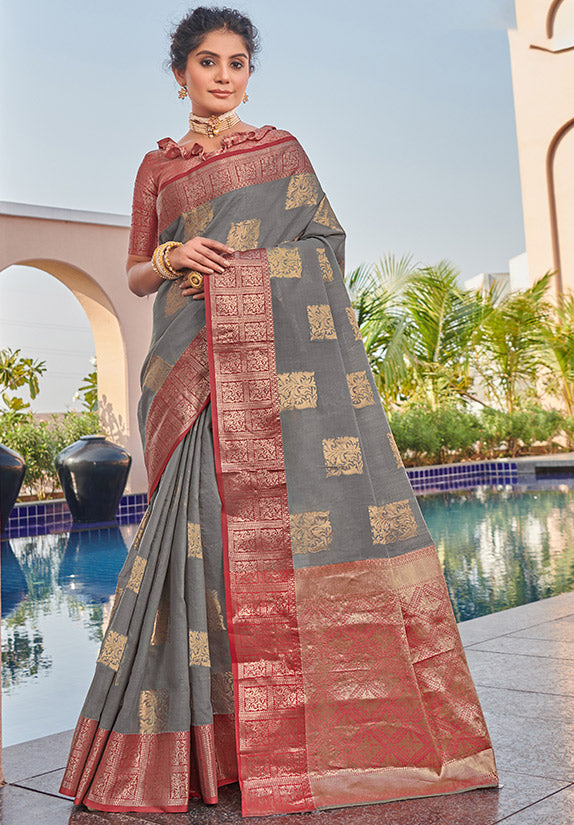 Smoke Grey Weaving Pallu Linen Saree for Party