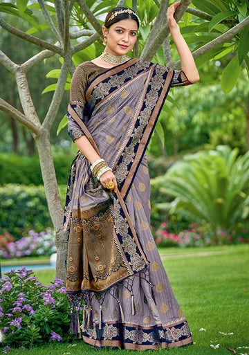 Smoke Grey Weaving Work Banarasi Silk Saree