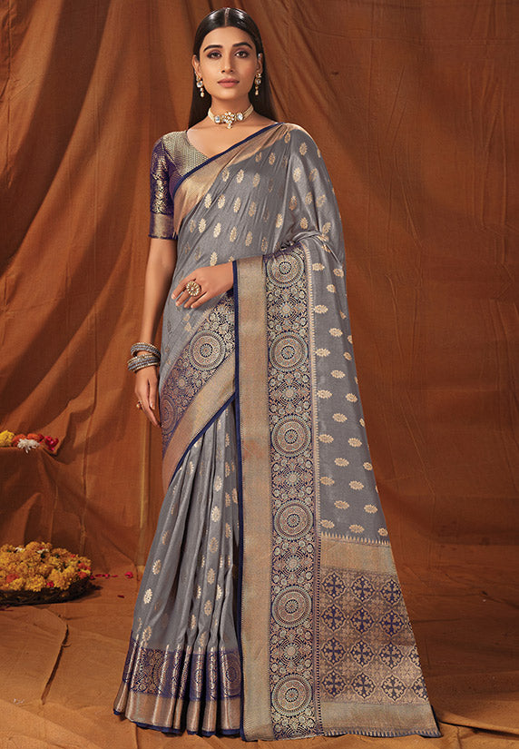 Smoke Grey Woven Silk Saree for Party