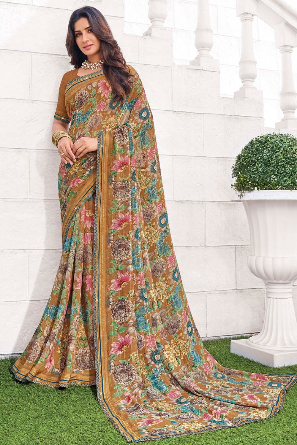 Snuff Brown Printed Georgette Casual Saree