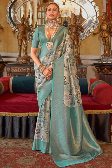 Soft Grey Tussar Silk Saree with Digital Print