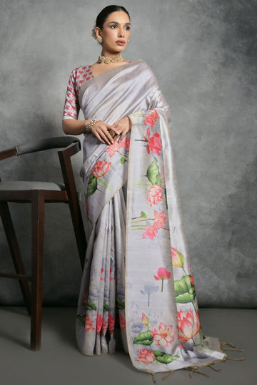 Soft Grey Printed Tussar Silk Digital Printed Saree