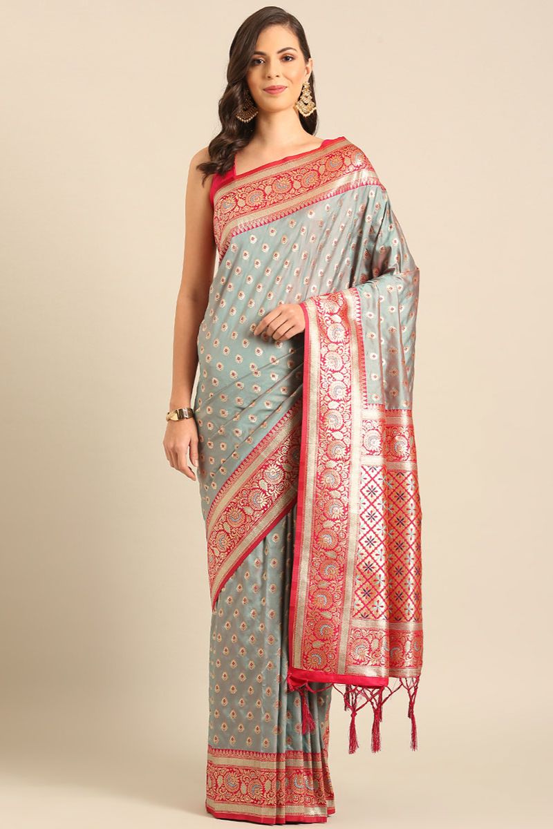 Soft Grey Woven Banarasi Silk Saree