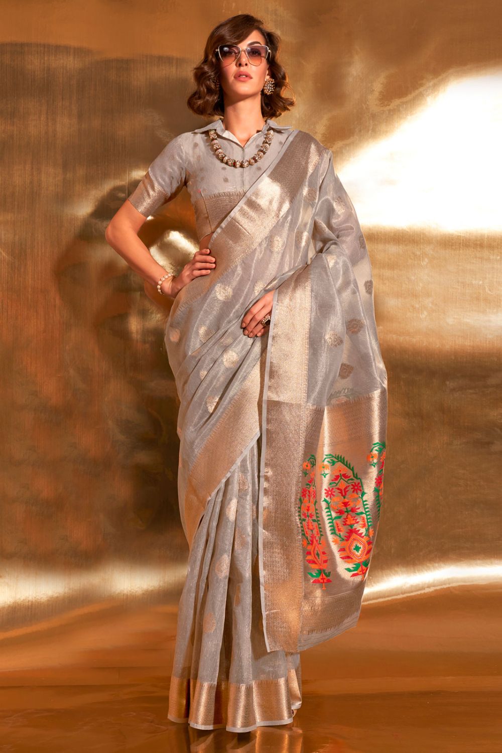 Soft Grey Zari Tissue Paithani Pallu Saree for Festival