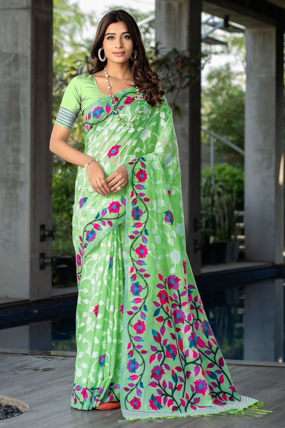 Spring Green Floral Print Soft Cotton Saree for Party