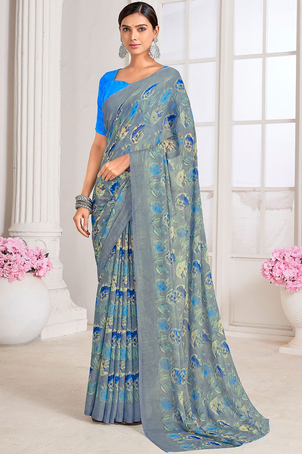 Steel Grey Digital Printed Chiffon Casual Wear Saree