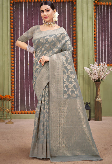 Steel Grey Foil Print Cotton Saree for Party