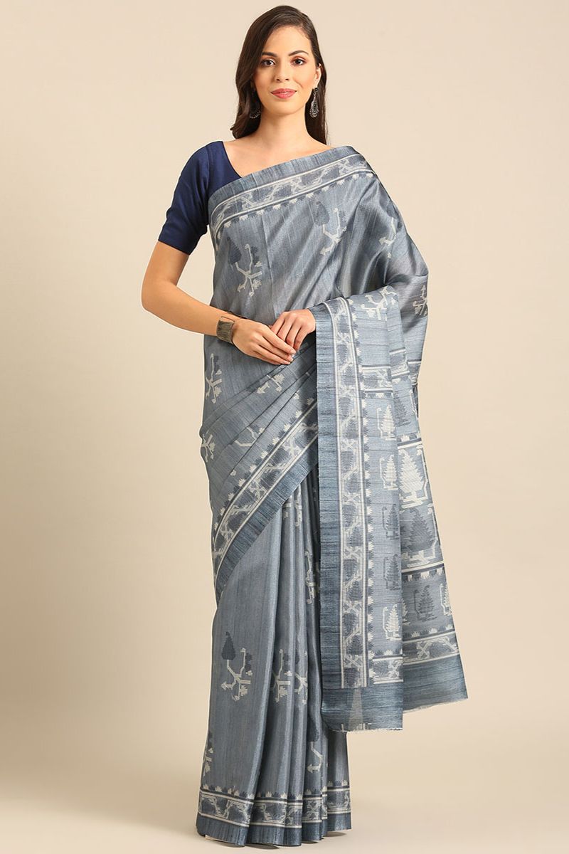 Steel Grey Printed Cotton Saree