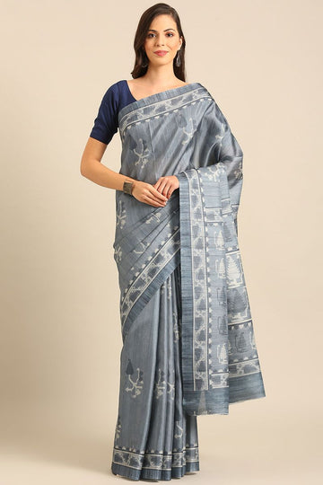 Steel Grey Cotton Printed Saree