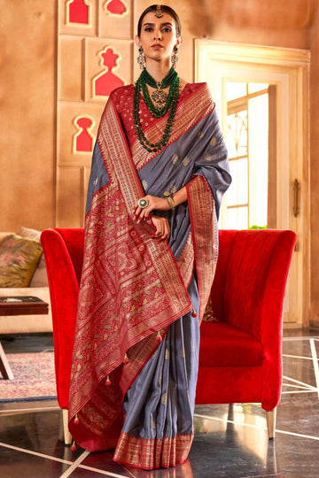 Steel Grey Sambalpuri Print Silk Saree