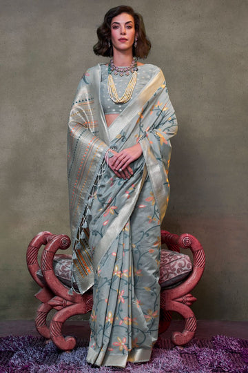 Steel Grey Zari Woven Mal Spun Cotton Saree for Party