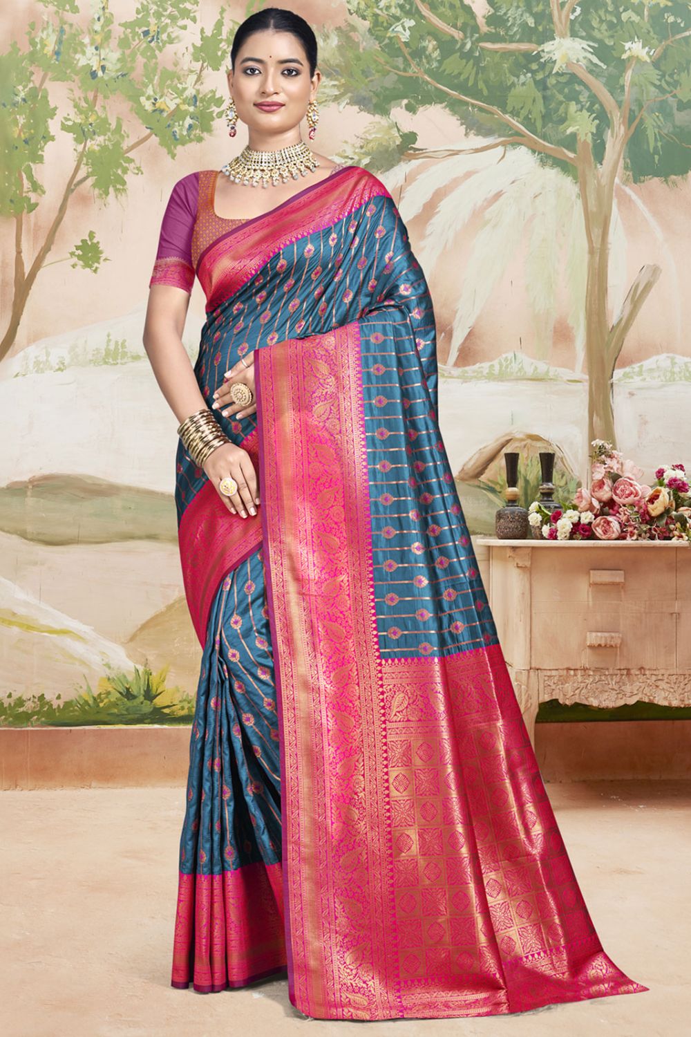 Stone Blue Silk Zari Woven Saree