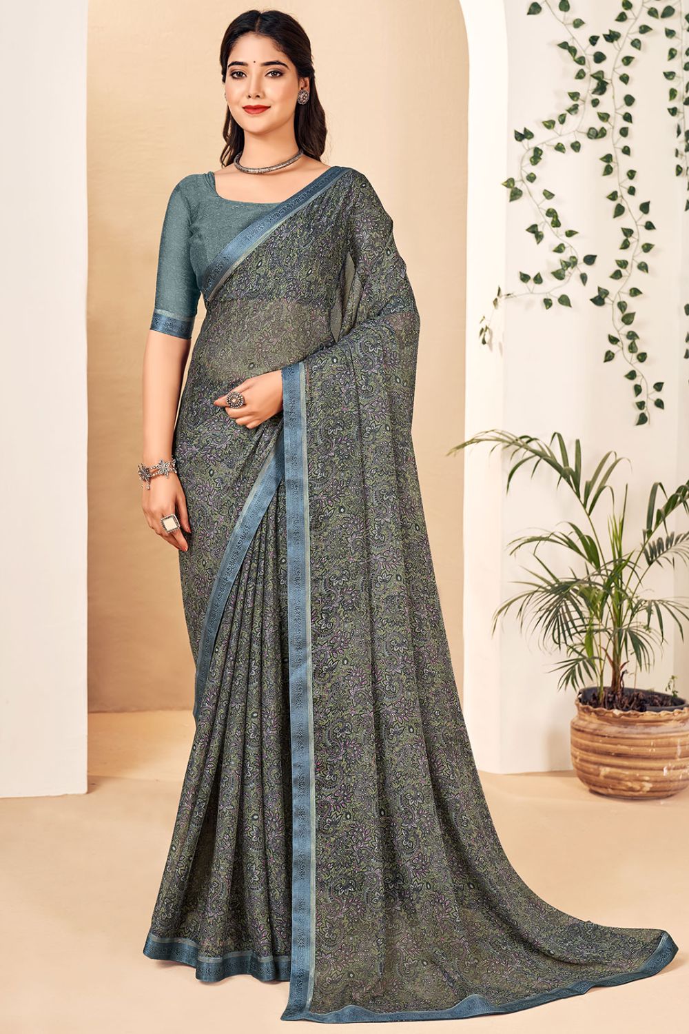 Stone Grey Printed Chiffon Casual Wear Saree