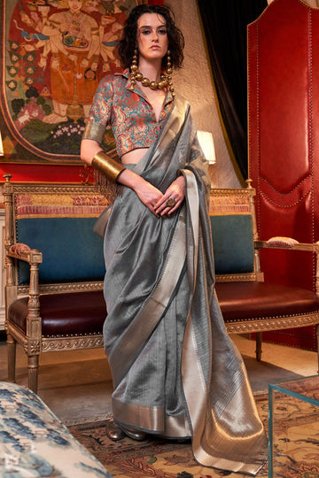 Stone Grey Woven Moss Chiffon Party Wear Saree