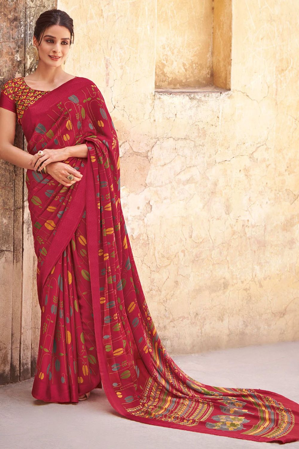 Strawberry Printed Crepe Satin Saree for Festival