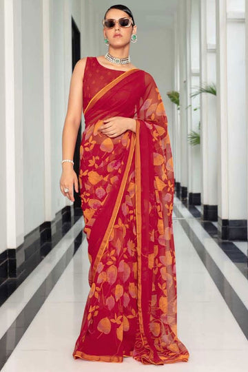 Strawberry Red Printed Georgette Casual Wear Saree